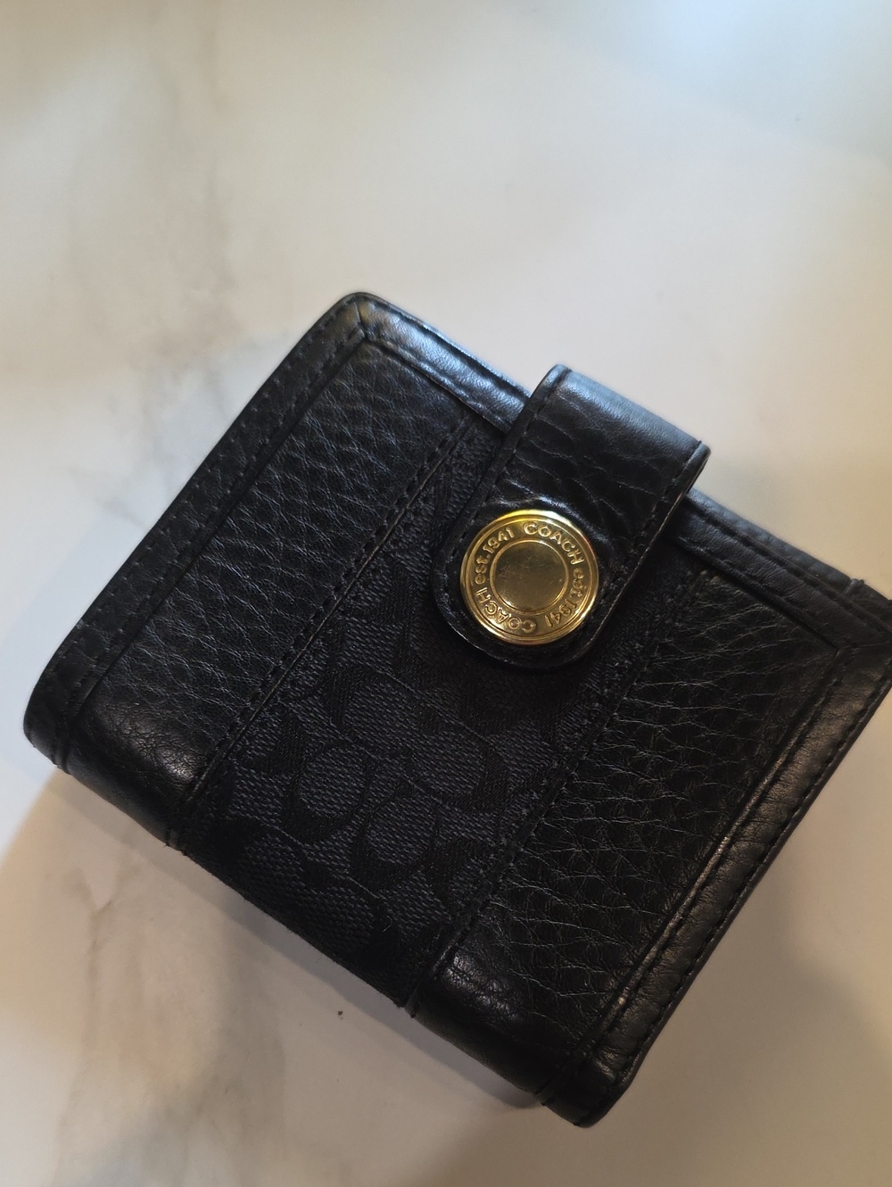 Coach Black Leather Signature Snap Wallet with Gold-Tone Logo